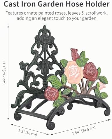 Cast Iron Garden Hose Holder Wall Mount, Rustic Heavy Duty Water Hose Hanger Storage Rack, Decorative Vintage Hose Reel Organizer for Outside Garden Yard Patio, Painted Rose Design - Image 2