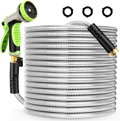 Metal Garden Hose 25 ft Stainless Steel Heavy Duty Water Hose with 10 Function Nozzles Flexible Lightweight Kink-Free Leakproof Sturdy Hoses Pipe 3/4" Brass Fitting for Outdoor Yard Lawn RV by Togake