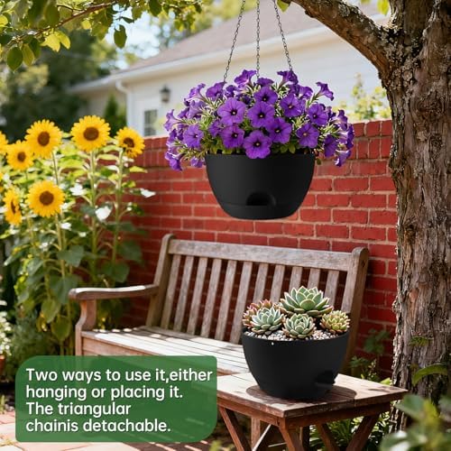 13-inch Oversized Hanging Planter Set of Two,Planters for Indoor and Outdoor Plants.Place Plant pots Across Diverse Settings Including windowsills,Living Room,and Gardens.Pure Black - Image 2