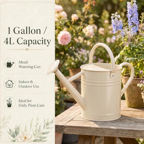 1 Gallon Metal Watering Can for Indoor Outdoor Plants, Warm White - Image 2