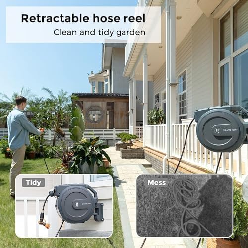 Giraffe Tools AW30 and AW25 Garden Hose Reel Retractable 1/2" x 100 ft and 78ft Wall Mounted Water Hose Reel Automatic Rewind, Any Length Lock, Dark Grey - Image 4