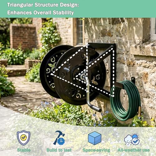 Wall Mounted Hose Reel for Outside, Garden Hose Reel with Stopper Device, Decorative Metal Water Hose Holder Wall Mount for Yard Hose Storage, Patio, Lawn, Garden and Backyard,Style A - Image 6