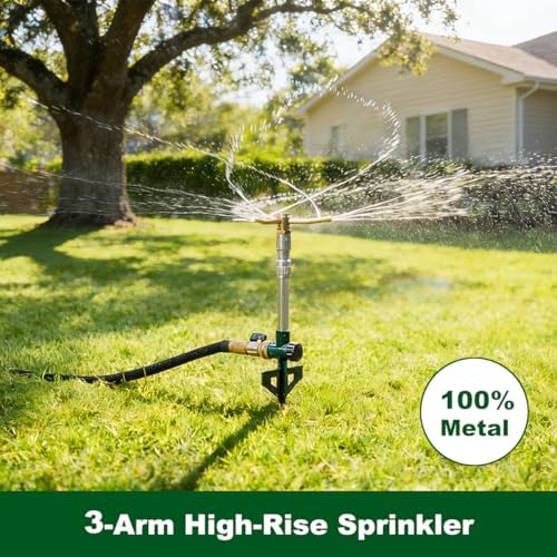 FANHAO 2 Pack Metal Lawn Sprinklers with Adjustable Telescoping Base, 3-Arm Water Sprinkler 360 Degree Rotation High-Rise Sprinkler for Large Area Coverage, Garden Watering Irrigation Sprinkler System - Image 2