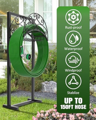 Breeze Touch Garden Hose Holder Freestanding with Basket, Heavy Duty Outdoor Hose Stand, Metal Rack for Yard, Durable Water Hose Storage for outside, Compact Organizer for Garden Use - Image 4