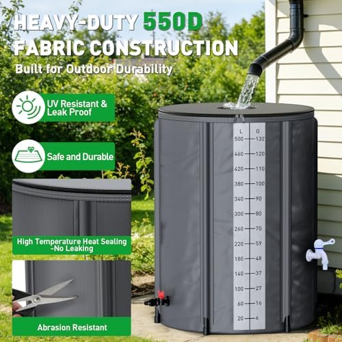 Yesker Collapsible Rain Barrel, 132 Gallon Portable Rainwater Collection System, 550D PVC Water Storage Tank, Rain Catcher with Spigots Filter Overflow Kit, Grey - Image 4