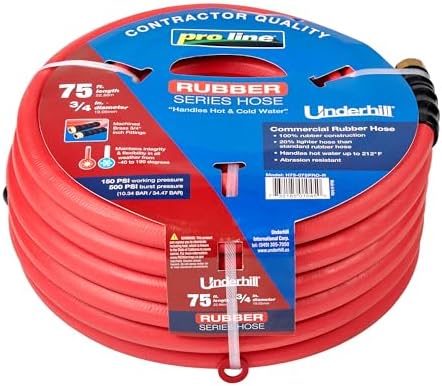 Underhill Proline Rubber Series Heavy-Duty Garden Hose for Hot or Cold Water, Lightweight, 500 PSI BP, 150 PSI WP, H75-075PRO-R 3/4 Inch x 75 ft Red by Underhill