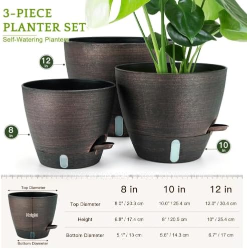 ZMTECH 12/10/8 In Self Watering Pots for Indoor/Outdoor Plants,3 Pack Bronze Large Plastic Planter with Water Level Indicator, Drainage Hole & Removable Saucer for Garden Flowers, Deco Plant Container - Image 3