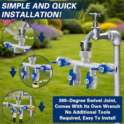 4 Way Garden Hose Splitter, 304 Stainless Steel Hose Splitter with 4 Shut-Off Valves, Heavy Duty Outdoor Faucet Adapter, 3/4" GHT Full Flow Hose Connector for Garden Irrigation - Image 4