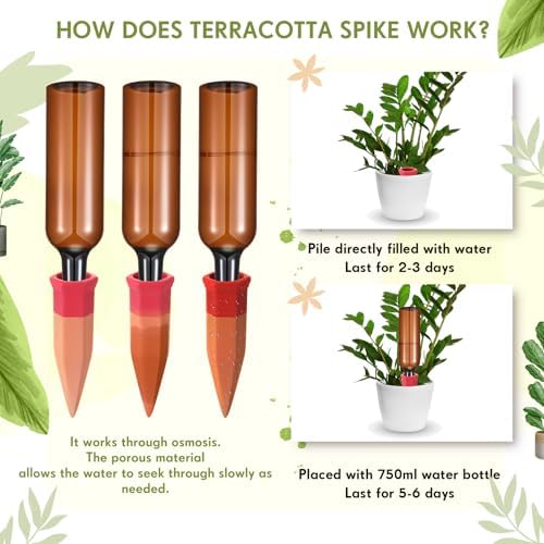 Baderke 24 Pcs 12 Set Plant Watering Devices, Terracotta Watering Spikes with 25 oz Plastic Wine Bottles, Slow Release Vacation Insert Automatic Plant Waterer Devices for Indoor Outdoor - Image 3