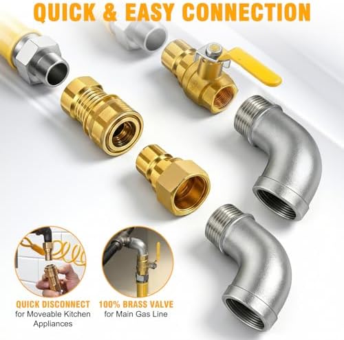 Safety System Kit, 3/4 In ID 48" Gas Hose Connector Kit with Elbows Quick Disconnect Gas Line Hose Full Port Gas Valve Restraining Device and Swivel Connector for Commercial - Image 2