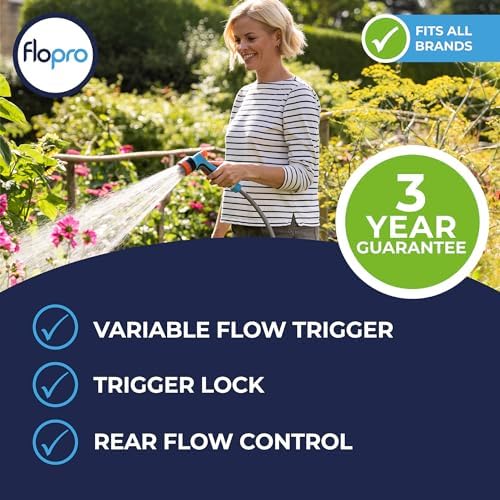 FLO-PRO - Multi Spray Gun: 7 x patterns soft, rose, fan, fill, mist, jet, cone. Hose gun includes trigger with lock & flow control. Garden hose pipe spray gun ideal for everyday use. Fits all brands - Image 2