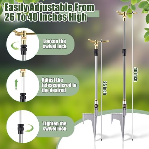Funnymoom 2 Pack 3-arm Rotating Telescoping Sprinkler 360 Degree Swivel Garden Sprinkler High Rise Lawn with Step Base up to 41.7 Inch for Large Area Coverage (Silver) - Image 5
