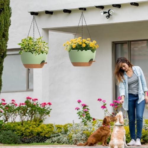 3 Pack 10 Hanging Flower Pots with Chains Self Watering Plastic Planters for Indoor Outdoor Plants, Sturdy Triangular Iron Chain Design for Garden PorchPlastic hanging flower pots (3, Green Brown) - Image 7