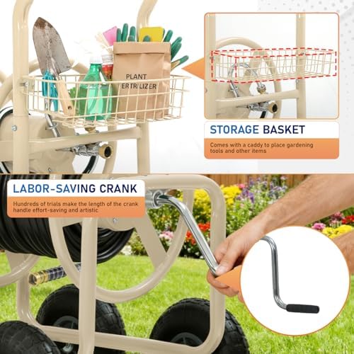 FDW Garden Hose Reel Cart, Water Hose Cart with 4 Wheels, Hold Up to 300 ft of 5/8’’ Hose，Heavy Duty Powder-Coated Steel Planting with Storage Basket, for Garden, Yard and Lawn - Image 4