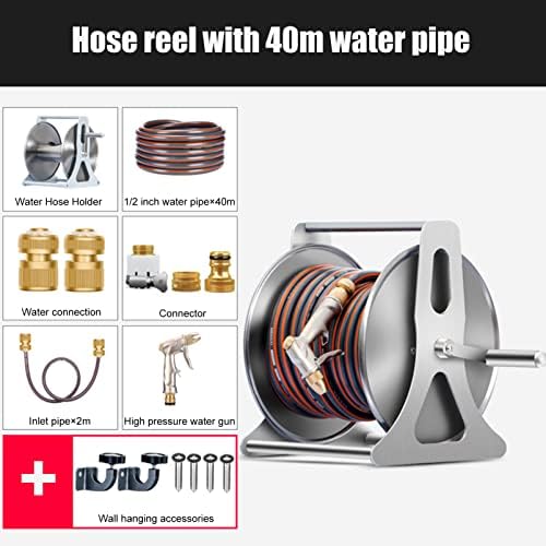 Garden Hose Reels with with Hose and Nozzle, Wall Mounted/Portable Water Hose Reel with Crank, Stainless Steel Water Pipe Storage Shelf Reel Holder, Reel Cart Hose Caddy for Watering Washing - Image 2