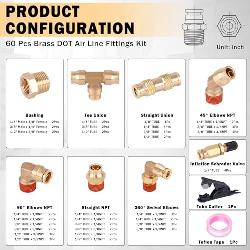 CheeMuii 60 Pcs Brass DOT Air Line Fittings Kit DOT Push to Connect Fitting - Image 2