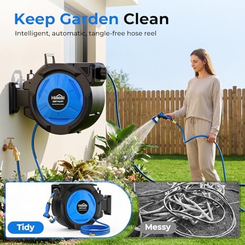 Himimi Retractable Garden Hose Reel 100 ft + 6.6 ft, 1/2 in Wall Mounted Heavy Duty Water Hose Reel with 10-Pattern Nozzle, Upgraded Slow Auto Rewind, Any Length Lock, 180° Swivel Mount - Image 2