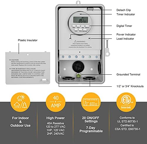 SURAIELEC Digital Pool Timer, 40Amp 2HP, 120/240/277VAC, 24-Hour Display - Image 2