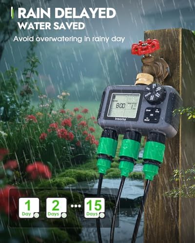 Insoma 3-Zone Sprinkler Timer with Brass Inlet + IPX5 Waterproof | Programmable Auto/Manual Irrigation Mode with Rain Delay & Large LCD | Water Hose Timer 3 Outlets for Garden, Lawn, Yard, Pool - Image 5