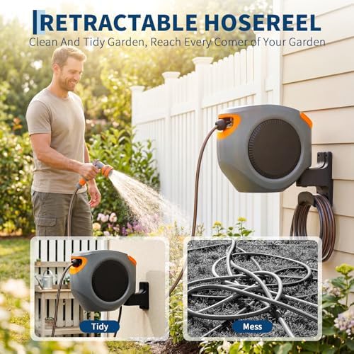 Retractable Garden Hose Reel 100FT - 1/2" Mesh PVC, 10-design Nozzle, Wall Mounted, Auto Slow Retraction & Adjustable Length - Ideal for Outdoor, Patio, Farm Watering - Image 4