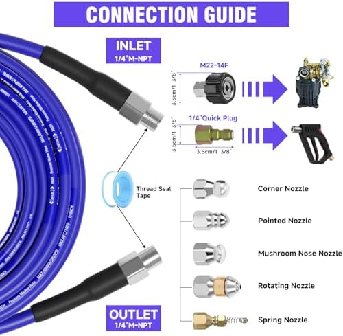 NIFUAL 200FT Sewer Jetter Kit for Pressure Washer, 5800PSI Drain Cleaner Hose 1/4 Inch NPT Corner, Rotating and Button Hose Sewer Jetting Nozzle Waterproof Tape Pearl Corsage Pin Spanner Glove - Image 2