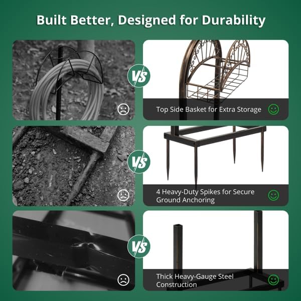 Heavy Duty Garden Hose Holder Stand with Basket, Freestanding Outdoor Organizer - Image 6