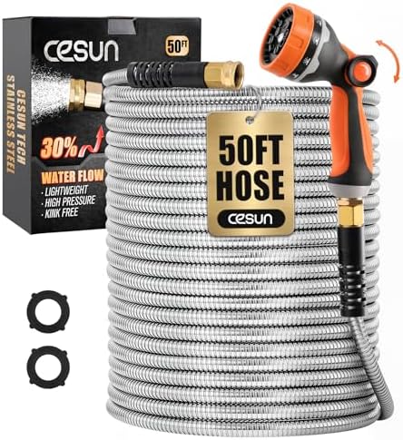 Cesun 50 ft Metal Garden Hose with 10 Function Nozzle, 50 foot x 5/8" by Cesun