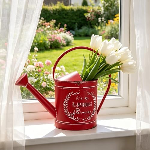 Vintage Metal Watering Can with Fresh Farmhouse Flowers Emboss Garden Distressed Red Decorative Watering Pot Farmhouse Waterer for Home Garden Balcony Courtyard Christmas Decor (Red) - Image 6