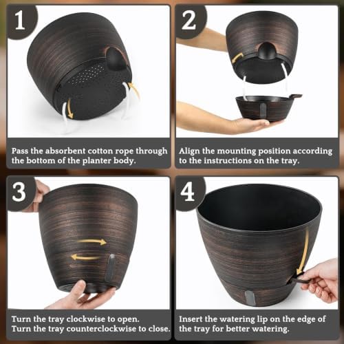 ZMTECH 12/10/8 In Self Watering Pots for Indoor/Outdoor Plants,3 Pack Bronze Large Plastic Planter with Water Level Indicator, Drainage Hole & Removable Saucer for Garden Flowers, Deco Plant Container - Image 6