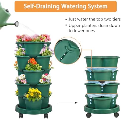 VECELO 5 Tier Vertical Garden Planter, Self Watering Stackable Planters with Wheels for Strawberries, Herbs, Flowers, Vegetables, Dark Green - Image 3