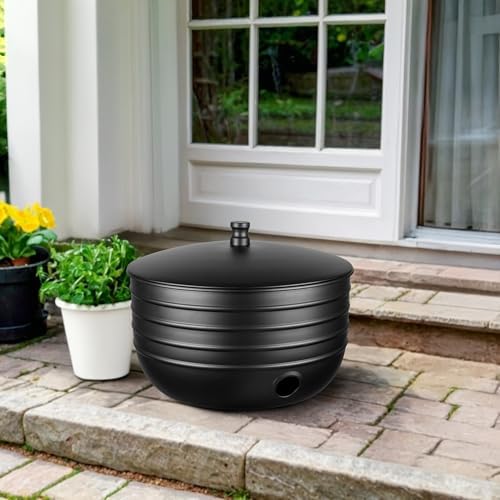 Monarch Abode Garden Hose Holder with Lid – Decorative Water Hose Holders for Outside, Border Embossed Metal Matte Black Pot with Drainage, 100ft Waterhose Holder for Outside, Garden Storage Caddy - Image 2