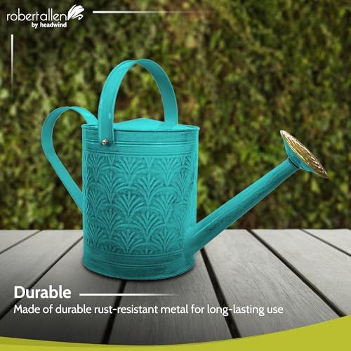 Headwind Aurora 2 Gallon Metal Watering Can, Large Watering Can Outdoor for Garden Plants, Brass Rose Shower Head, Vintage Embossed Galvanized Steel – Surf Blue - Image 3