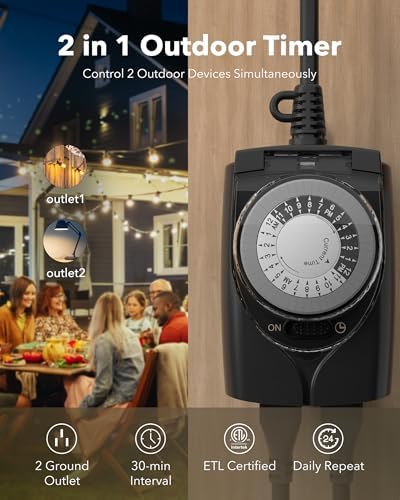 HBN Outdoor Timer Outlet Waterproof, 24 Hour Mechanical Light Timers for Electrical Outlets Outdoor Weatherproof, 4-Pack 2 Grounded Outlets for Christmas Lights, Pool Pump, 15A 1/2HP - Image 2