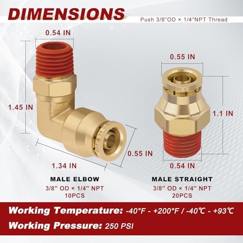 3/8" Tube x 1/4" NPT Male Straight & Elbow Brass Air Fittings Kit, 30PCS - Image 5