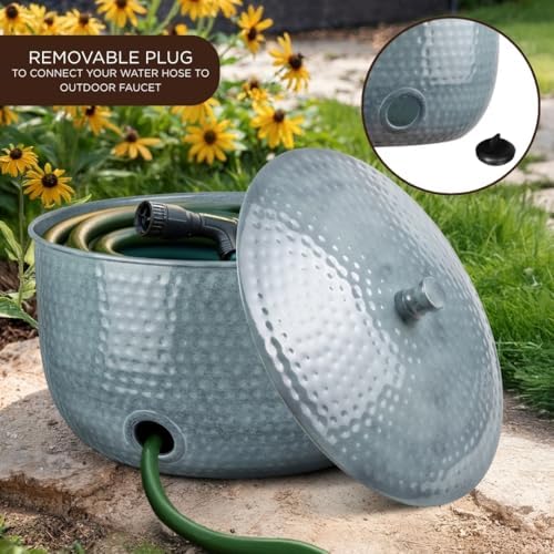 Monarch Abode Garden Hose Holder with Lid – Decorative Water Hose Holders for Outside, Hand Hammered Metal Patina Pot with Drainage, 100ft Waterhose Holder for Outside, Garden Storage Caddy - Image 4