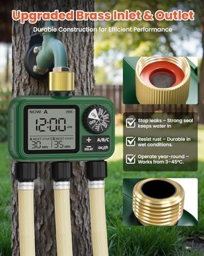 Water Timer for Outdoor Garden Hose, Sprinkler Timer for Garden Faucet with Auto/Manual/Rain Delay Mode, Sprinkler Irrigation Controller for Yard Lawn (3 Zones Brass Inlet & Outlet) - Image 2