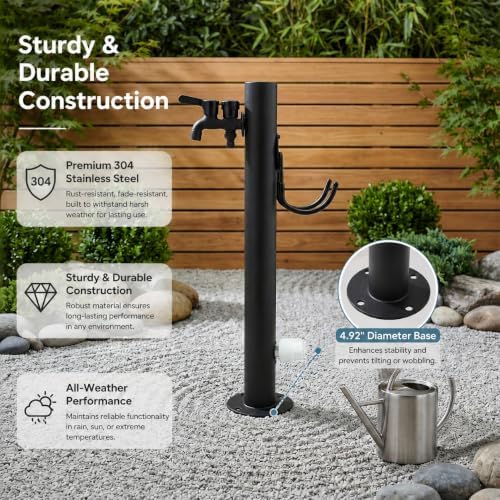 Outdoor Stainless Steel Water Column Garden Water Tap, 23.6in Tall Hose Stand with Side/Bottom Inlet Faucet, Freeze Proof Vertical Water Hydrant for Exterior Patio Backyard Lawn (Round Shape) - Image 2