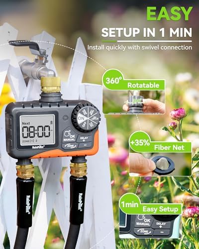 RAINPOINT 2 Zone Sprinkler Timer with Brass Inlet and Outlet - Water Timer for Garden Hose with Rain Delay/Manual Watering/Automatic Irrigation Controller for Yard(Orange) - Image 7