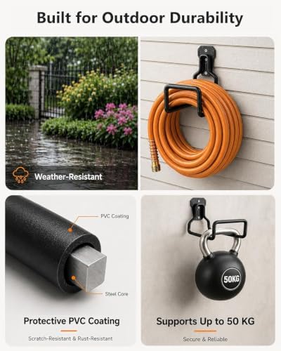 Hose Hanger Wall Mount, Garden Hose Holder Heavy Duty Metal Hook for Water Hose Storage, Rust-Resistant Outdoor Organizer for Garden, Garage, Yard & Fence, Includes Storage Strap, 3 Pack - Image 5
