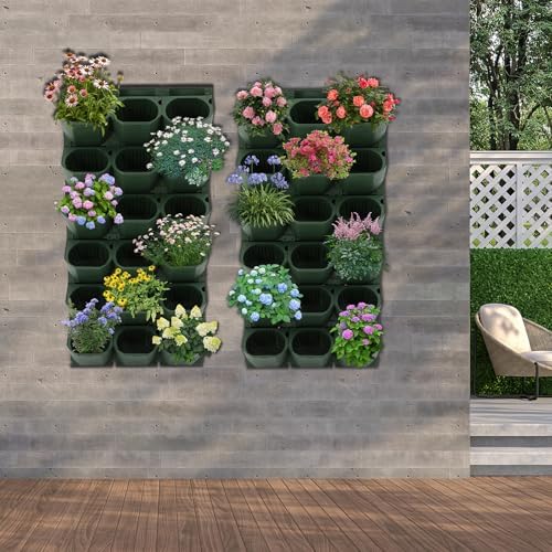 36 Pockets Vertical Wall Planter, Wall Mounted Flower Pot Holder with 180LB Capacity,10.56 oz Self Watering Pots & 36 Non-Woven Bags for Indoor Outdoor Herbs,Flowers,Strawberries (Army Green) - Image 2