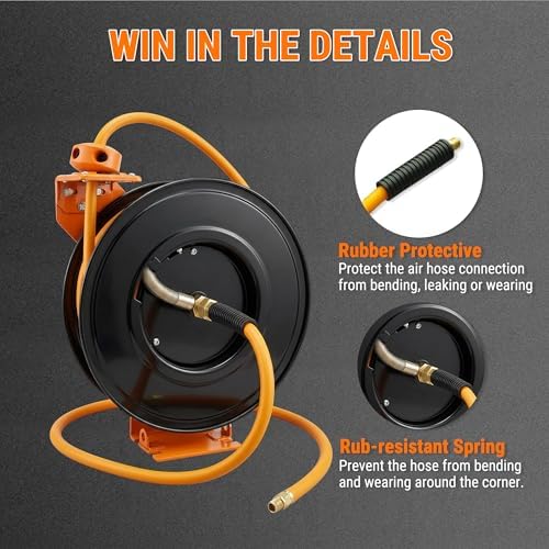 Retractable Air Hose Reel, 1/2" x 50FT Hybrid Air Hose, 300PSI Max, Auto-Rewind & Length-Lock, 1/2" NPT Fitting, Ceiling/Wall Mount Heavy Duty Single Arm Steel Reel for Workshop/Garage - Image 7