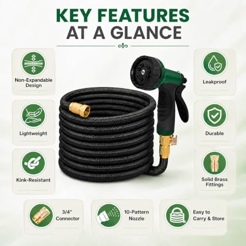 Black Non Expandable Garden Hose 50ft with 10 Function Nozzle, Lightweight 50 ft Water Hose for Yard, Lawn, Camping - Image 7