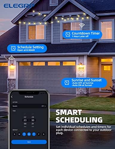 ELEGRP PQR10 Outdoor Smart Plug Waterproof IP66, WiFi Plug Compatible with Alexa & Google Assistant, Smart Outdoor Outlet for String Lights, No Hub Required, 1875W Max, UL Certified, 2 Pack, Black - Image 5