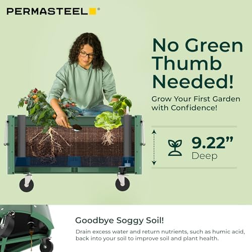 Permasteel Self-Watering Garden Bed, Rolling Planter for Vegetables, Flowers, Herbs, and Fruit, Outdoor Indoor, Caster Wheels, Sage - Image 4