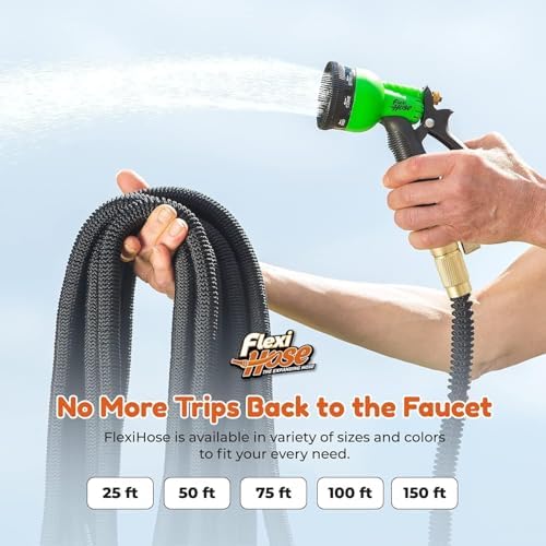 Flexi Hose Plus Expandable Garden Hose with 8 Function Nozzle, 150FT - Lightweight Retractable Garden Hose, Water Hose - No-Kink Flexibility, 3/4 Inch Solid Brass Fittings Includes Hook & Bag - Image 5