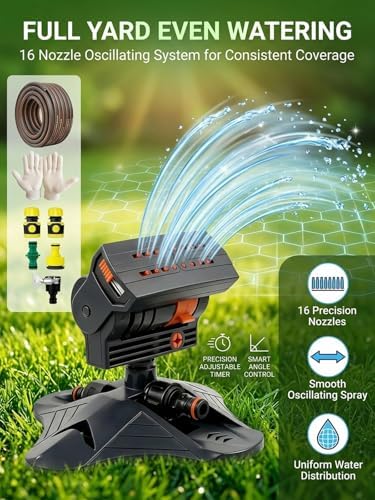 2026 Upgraded 16-Nozzle Oscillating Sprinkler with Dual-Zone Sprinkler Water Timer Heavy Duty Yard Irrigation Adjustable Rotating Lawn Coverage Tool for Outdoor Plants Automatic(2PCS Green) - Image 2