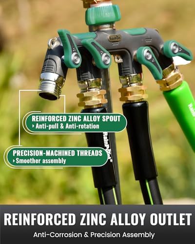 RAINPOINT 4 Way Garden Hose Splitter, 100% Metal Heavy Duty Water Hose Splitter with Individual Shut-Off Valves, 3/4" GHT High Flow Outdoor Faucet Splitter, 1.81" Extra Long Handle (Dark Green) - Image 4