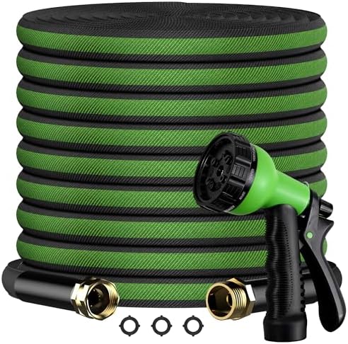 100FT Non-Expandable Flat Garden Hose with 10 Function Nozzle,No-Kink,Green by OUBRTS