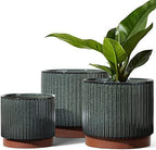 LE TAUCI Ceramic Plant Pots with Drainage Holes, Set of 3, 8+6.7+5.5 Inch Stripe Garden Planter Pots for Outdoor Indoor Plants Flower, Round Succulent Orchid Flower Pot, Reactive Glaze Black by LETAUCI