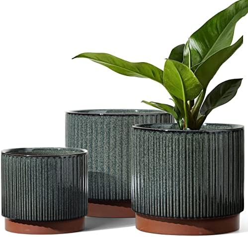 LE TAUCI Ceramic Plant Pots with Drainage Holes, Set of 3, 8+6.7+5.5 Inch Stripe Garden Planter Pots for Outdoor Indoor Plants Flower, Round Succulent Orchid Flower Pot, Reactive Glaze Black by LETAUCI